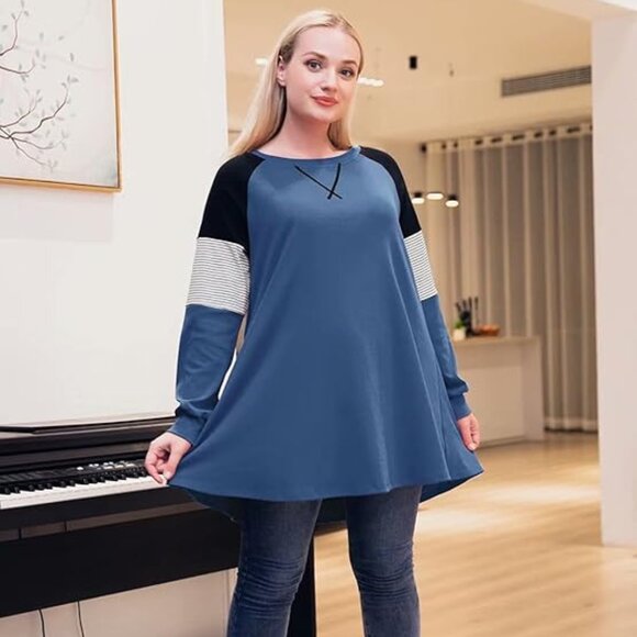 LARACE Plus Size Top Pullover Sweatshirt Color Block Tee Long Sleeve Tunic - Picture 1 of 6